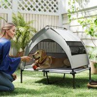 PawHut Elevated Dog Bed With Removable Canopy, Portable Outside Raised Pet Cot With Cooling Pad, Storage Bag, (Option: Light Gray)