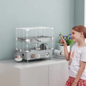 2-Tier Hamster Cage With Sand Bathroom, Running Wheel, Water Bottle (Option: Grey)