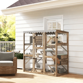Outdoor Cat Enclosure With Window Access, 5 Platforms And 2 Resting Boxes, Waterproof Roof For Multiple Cats (Option: Brown)