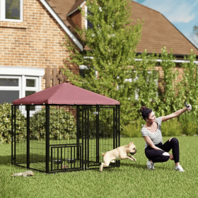 Welded Wire Outdoor Dog Kennel With 360 Rotating & 4 Levels Adjustable Bowls, Waterproof Cover (Option: Red small)